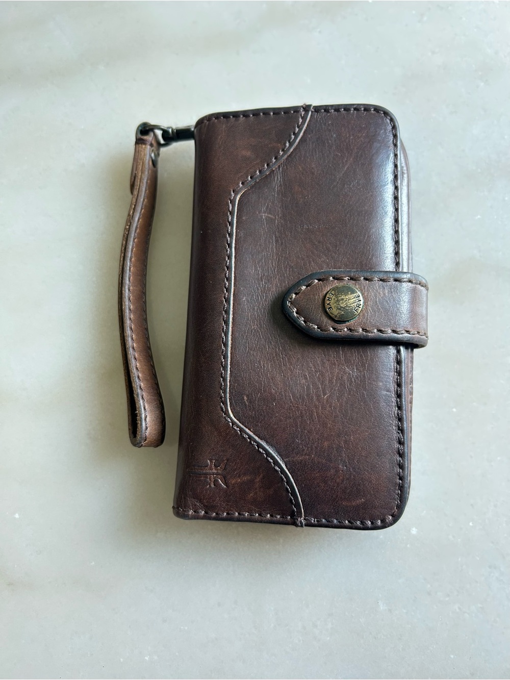 Frye Distressed Brown Leather Wristlet Wallet Clutch Vintage Style